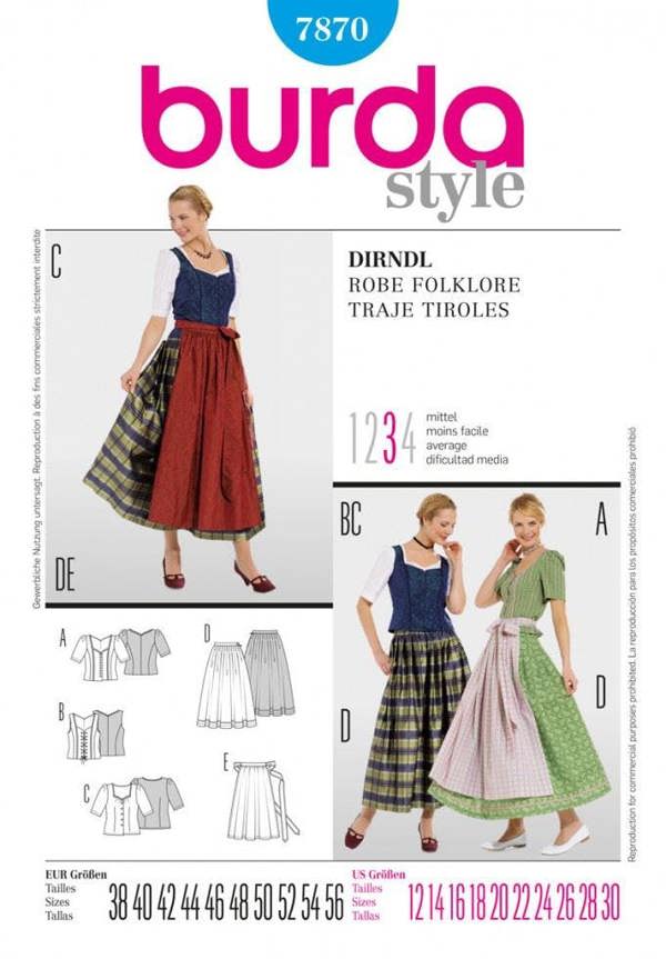 Burda Sewing Pattern 7870 Aprons, Corsets, Dresses, Skirts and Tops For Women, Sizes: 12-30 - Intermediate