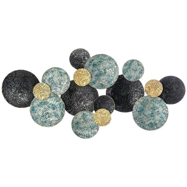 Blue, black and gold metal circular wall art cluster with hanging disc shapes