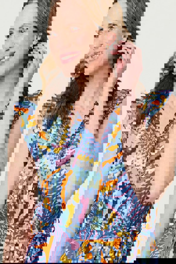 Blue | Abstract Frill Cap Sleeve Wrap Midi Dress
