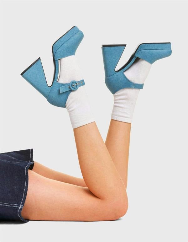 Lamoda Undeniable Blue Denim Chunky Platform Heels Square Toe UK 4