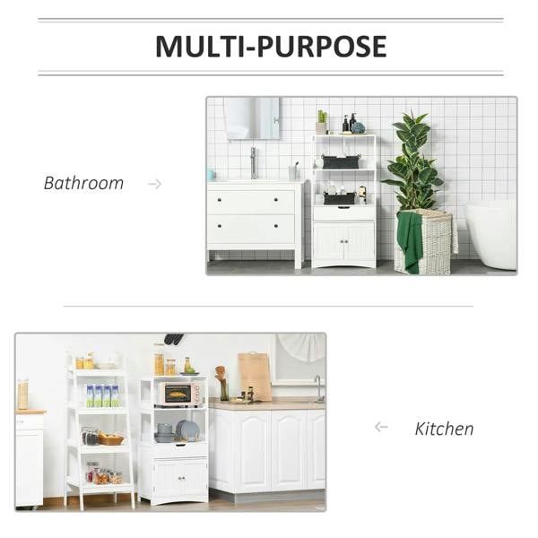 White freestanding cabinet with shelves, drawer, and doors for multi-use storage