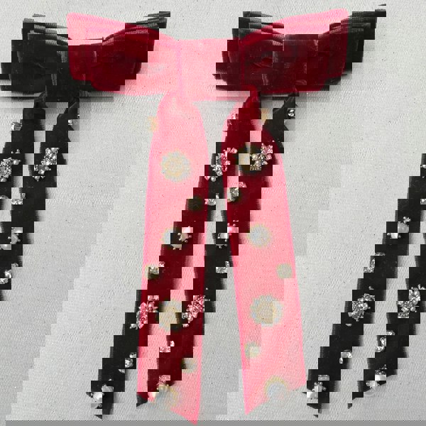 Red velvet bow hair clip, long ribbon design, pearl and crystal jewel embellishments, sparkling rhinestone floral details, luxurious fabric finish, vintage inspired statement hair accessory, elegant festive style, gift for her
