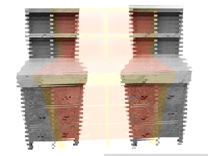 Wooden eucalyptus Top Workbench – Sturdy Tool Cabinet with Multiple Drawers for Organized Storage and Back Panel, Ideal for Dry Indoor Spaces Such as Garages, Workshops, and Studios