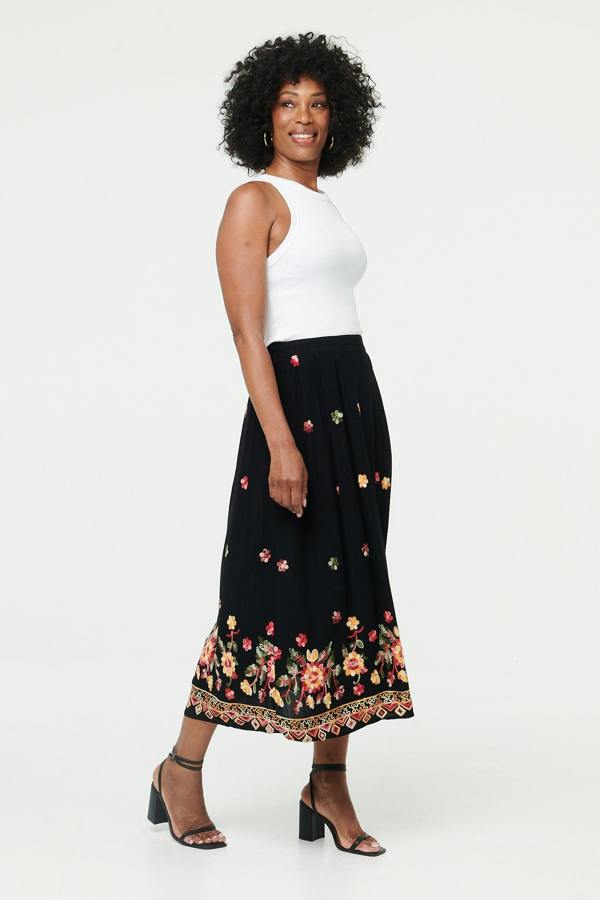 Black | Floral High Waist A-Line Midi Skirt