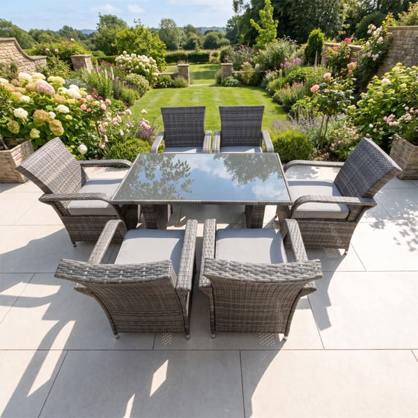 Fimous Rattan Garden Furniture Dining Set Table And Chairs Wicker Patio Outdoor 6 chairs plus black tempered glass rectangular table