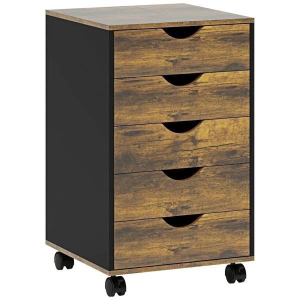 Rustic brown 5-drawer filing cabinet with black sides, curved pulls, and caster wheels