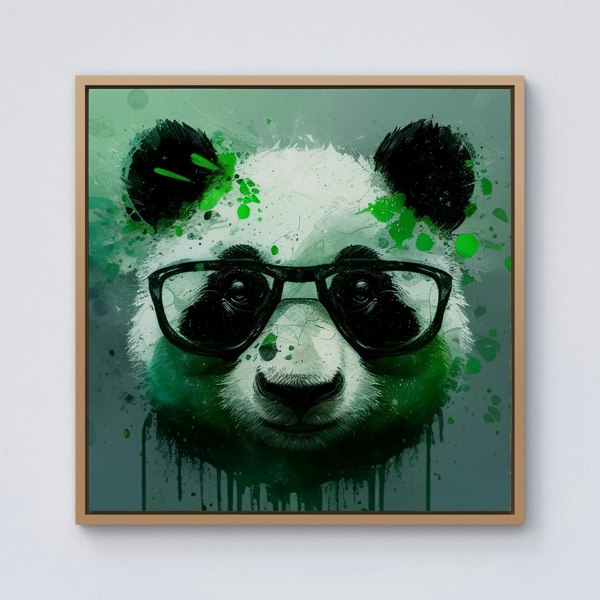 Warren Reed Panda With Glasses, Green Splash Art Framed Canvas