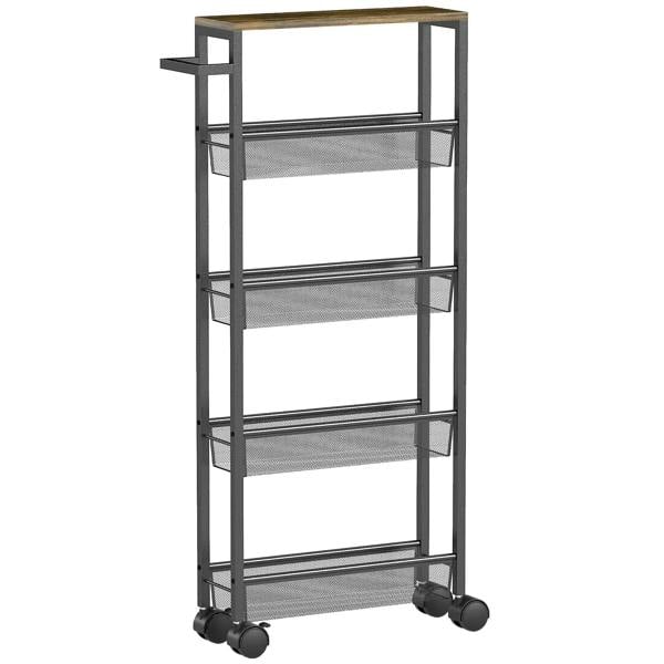 5-tier slim storage trolley with black frame, wood-effect top, and rolling casters