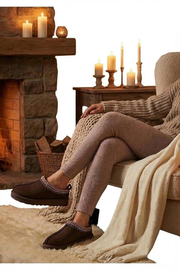 Ravina Chunky Slip On Suede Slippers With Stitch Detail - Brown_wb