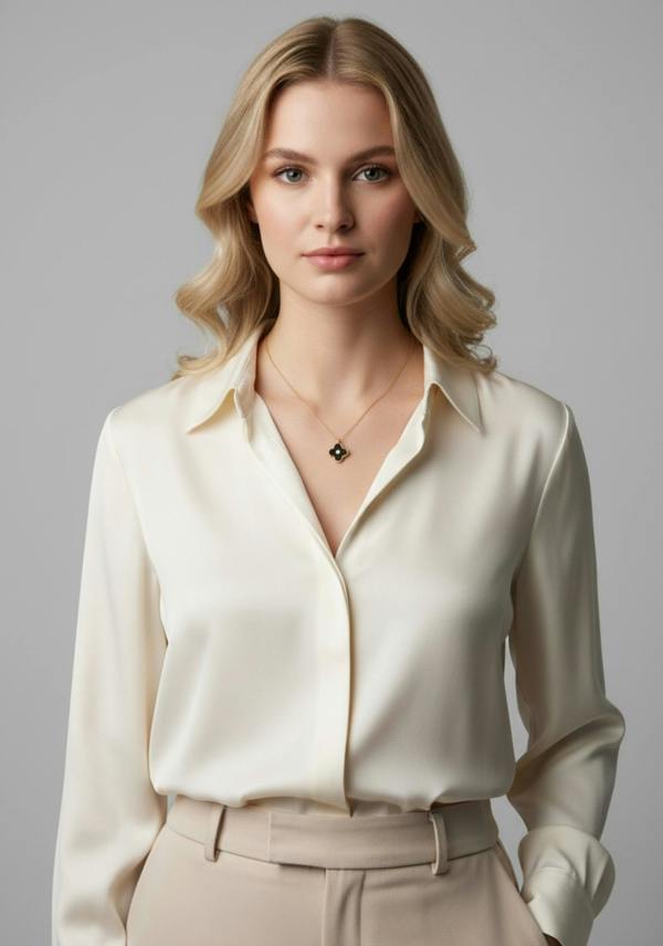 Woman wearing a white blouse and gold necklace with a black clover pendant on a gray background