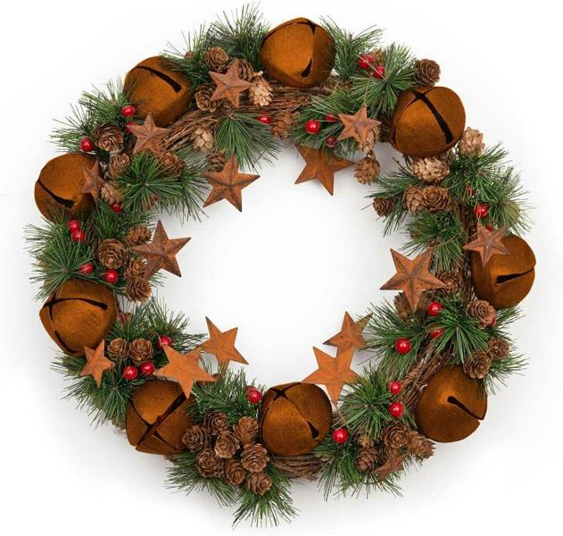40cm Green Christmas Wreath with Bells and Stars, PVC Decorative Display for Home or Sheltered Outdoor Use image 3