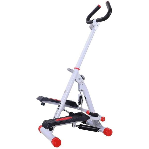 Red and white hydraulic fitness stepper with curved handle and black foot pedals