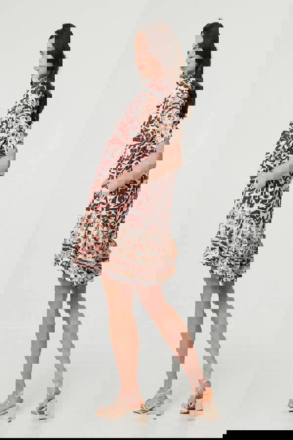 Brown | Border 1/2 Sleeve Short Shirt Dress
