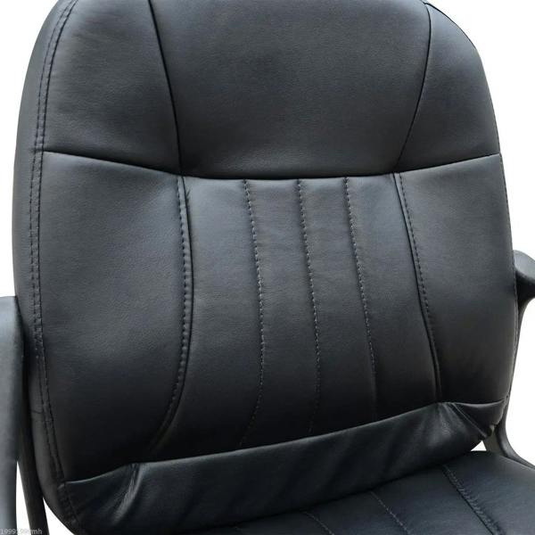 Close-up of black PU leather chair back with stitched channel quilting