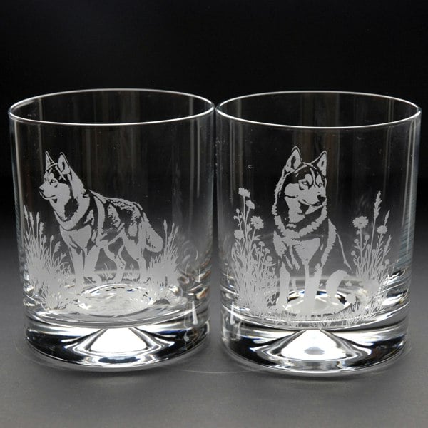 Glyptic Glass Art Siberian Husky Dog Whiskey Tumbler Glass - Hand Etched/Engraved Gift