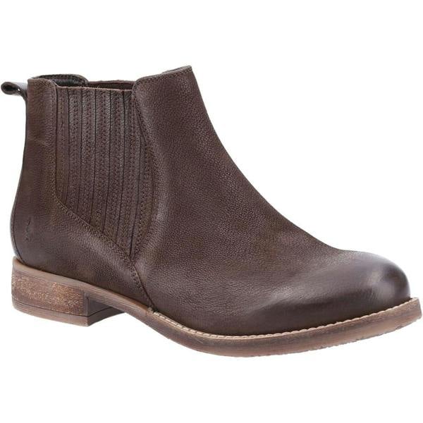 Hush Puppies Edith Womens Pull On Chelsea Dealer Ankle Boots, brown leather ankle boot with elastic side panels and a low stacked heel.
