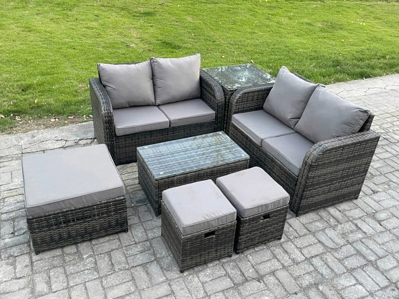 Fimous 7 Seater Garden Furniture Set Rattan Outdoor Lounge Sofa Chair With Tempered Glass Table 3 Footstools Side Table Dark Grey Mixed
