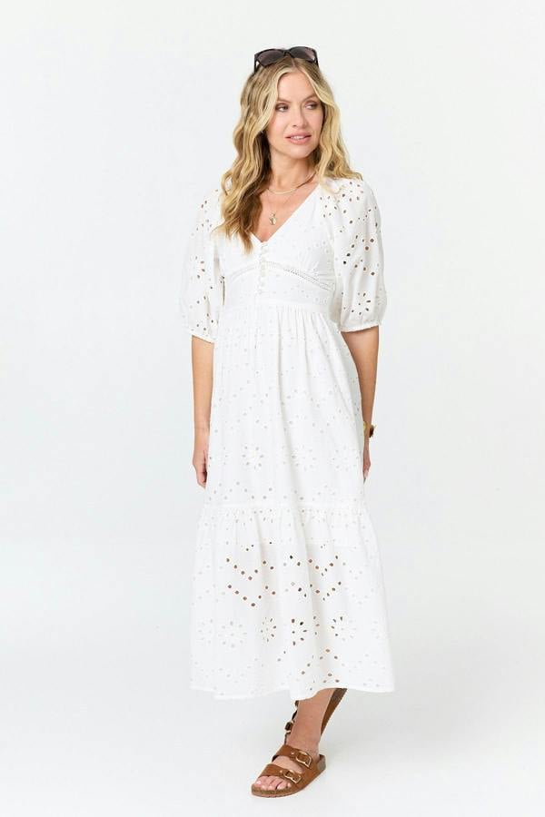 White | Broderie Anglaise 1/2 Sleeve Midi Dress