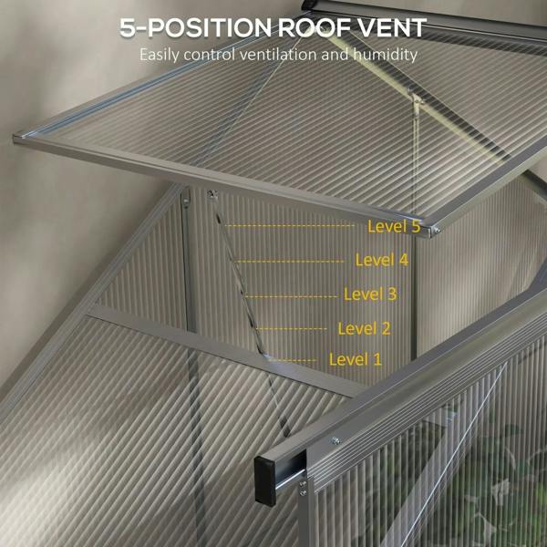 5-position roof vent on walk-in greenhouse with silver frame and clear panels