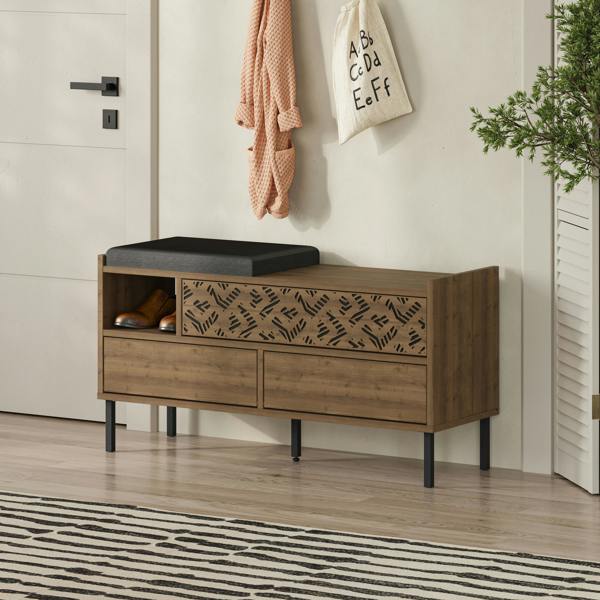 Decortie Heaton Shoe Bench w/ Fabric Cushion Seat 3-door Storage Cabinet 111(W)x37(D)x56.5(H)cm Metal Legs Hallway