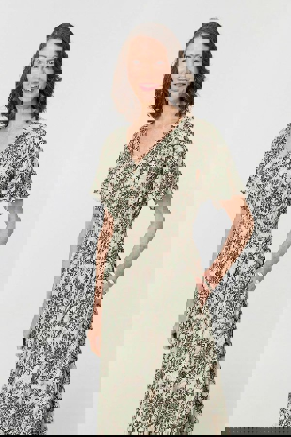 Green | Printed Smocked Short Sleeve Midi Dress
