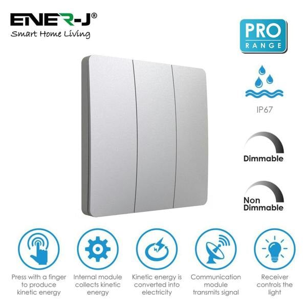 ENER-J 3 Gang Wireless Kinetic Switch Silver Body, IP55 - PRO Series