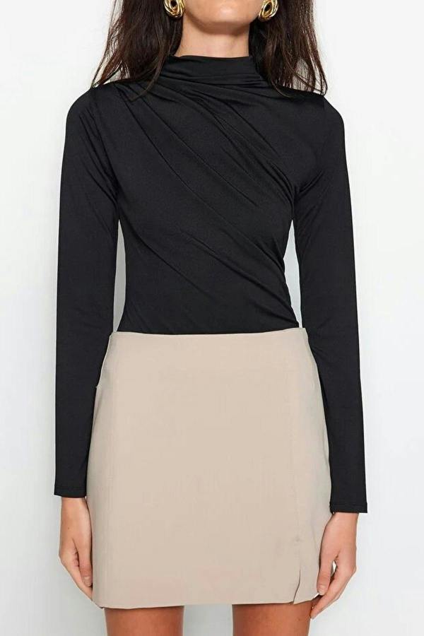 WOVCOR Stand Collar Knit Bodysuit with Gathered Detail