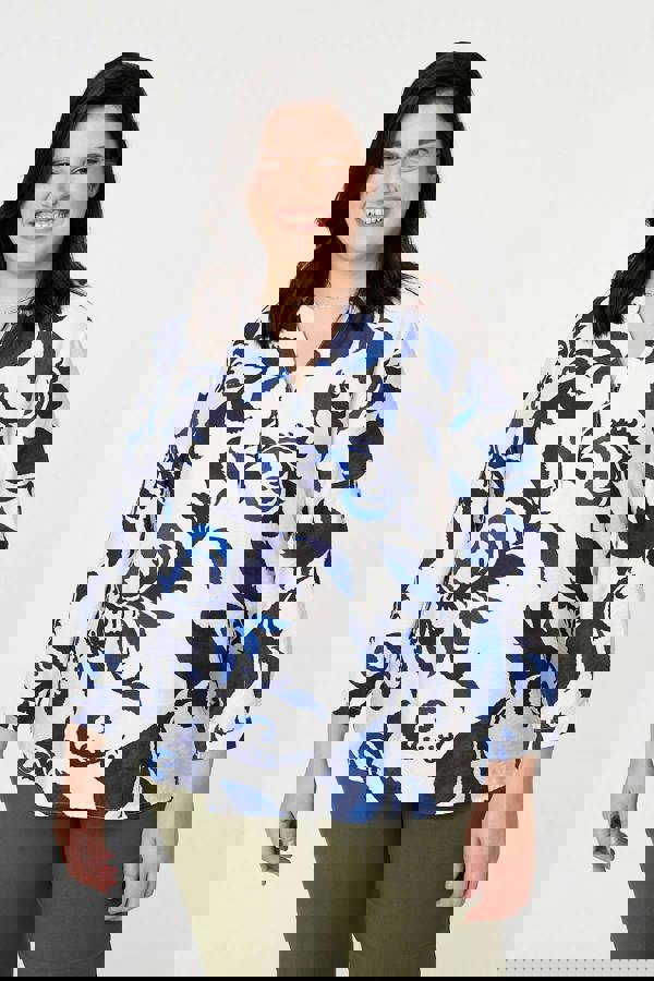 Blue | Curve Printed Long Sleeve Blouse