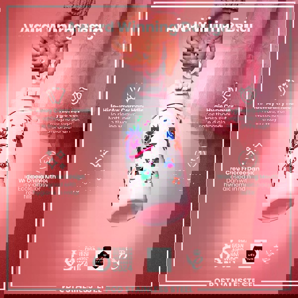 A child's hand holds a pink, cartoon-decorated water bottle featuring a hide-away handle, crevice-free design, and hygiene cover. The bottle is presented as an award-winning design.