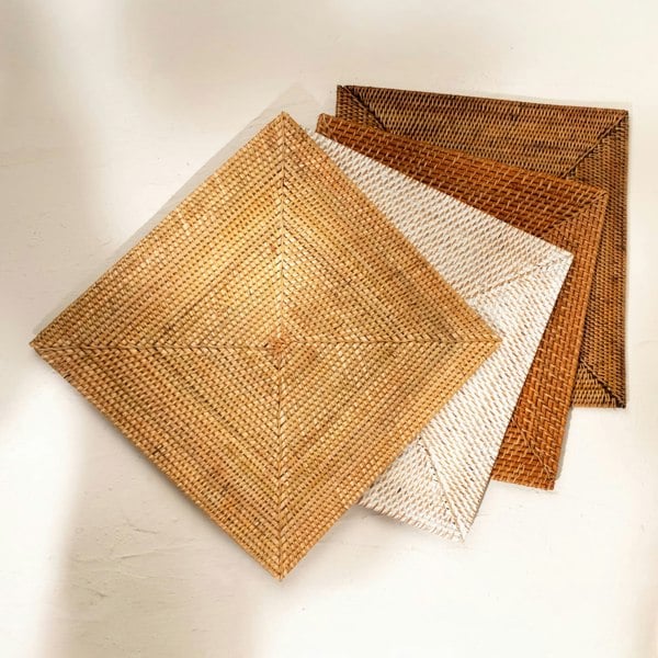 Honey brown square rattan placemat 35cm handwoven wicker dining table