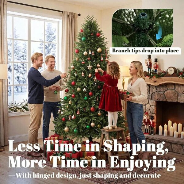 Bobobiy 7ft Artificial Christmas Tree, Hinged Xmas Tree with Realistic 1071 PE & PVC Branch Tips, Fir Wood Base, Green