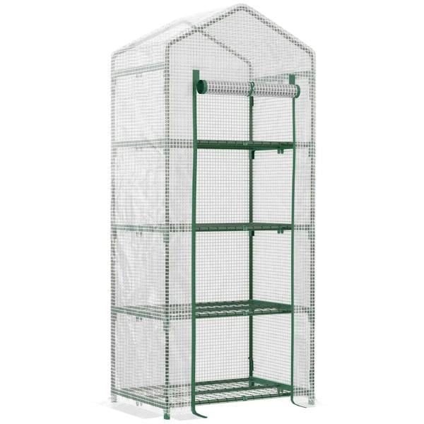 Portable mini greenhouse with white PE cover and green steel frame, four-tier shelves