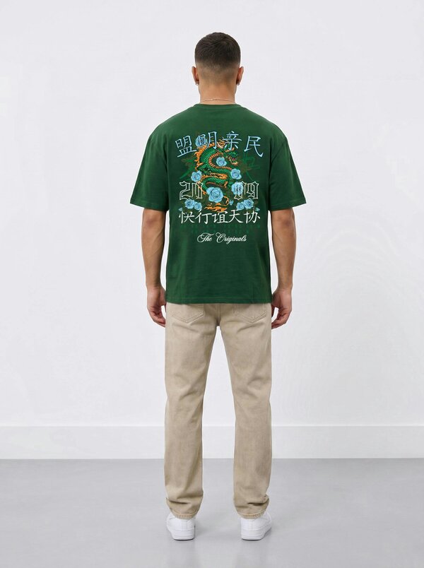 London Attitude Original Creators Dragon Graphic Heavyweight Oversized T-Shirt - Forest green