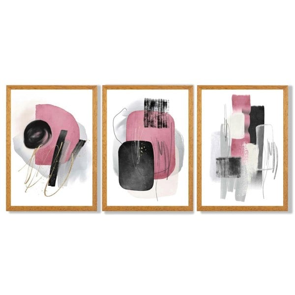Set of 3 Abstract Black and Pink Watercolour Framed Art Prints with Oak Wooden Frames