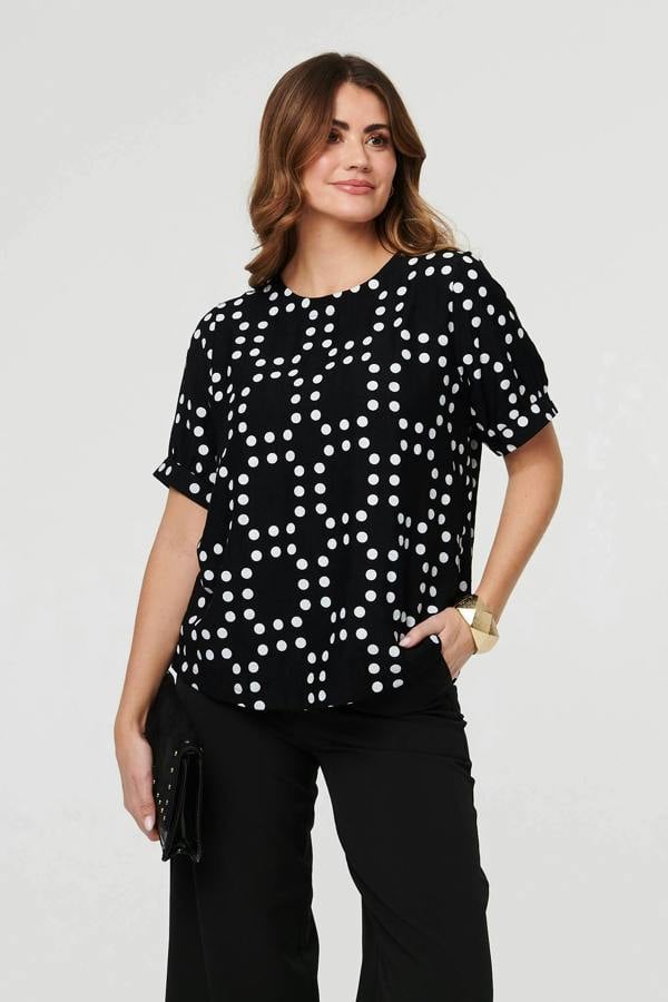 Black | Polka Dot Print Short Sleeve Blouse