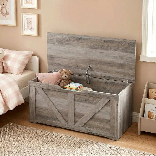 100L Home Storage Box, with Safety Hinge - Grey Wood-Effect