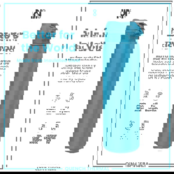 A teal insulated steel water bottle stands against a white background. It is made from fully recyclable, odour-resistant, and dishwasher-safe stainless steel; the bottle is carbon neutral. The text also states that it is "Better for the World".