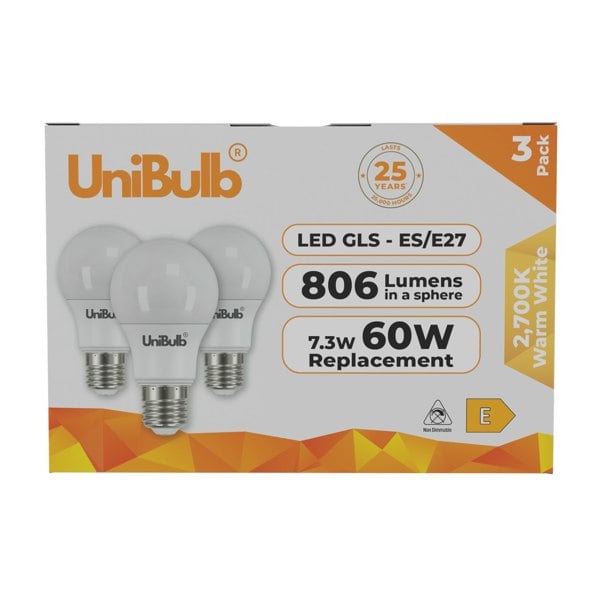 UniBulb LED GLS E27 806lm 7.3W 2700K (Warm White) Light Bulb - Pack of 3 front