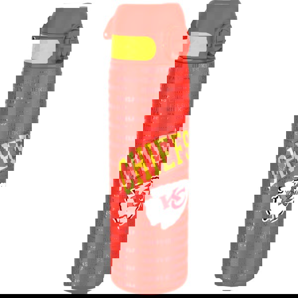 A red water bottle, featuring the Kansas City Chiefs logo and repeated text, sits on a white background. The text reads "KANSAS CITY" and "CHIEFS KINGDOM" in a repeating pattern.