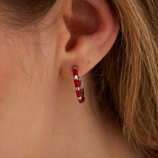 Spero London Enamel Red Fine Stripe Sterling Silver Hoop Earrings With Multi Color Zirconia Interior