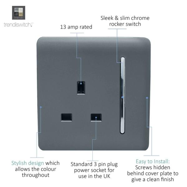Trendi Switch 1 Gang 13 Amp Switched Plug Socket in Warm Grey
