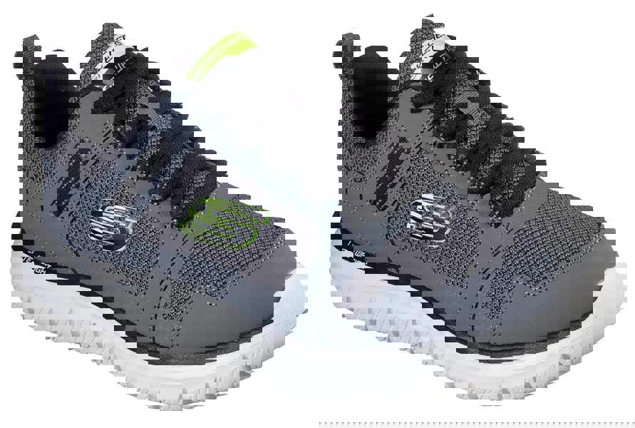 Skechers Track Knockhill Mens Sports Gym Walking Lace Up Trainers, a grey athletic sneaker with black laces and a white sole designed for sports and walking.