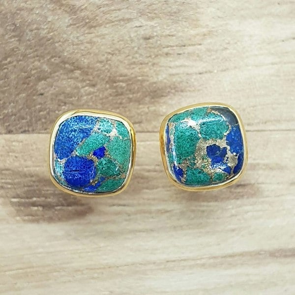 Micron Gold Plated Stud Earrings, Azurite, Cushion Gemstone Stud Earrings, 9X9mm - May Birthstone Earrings