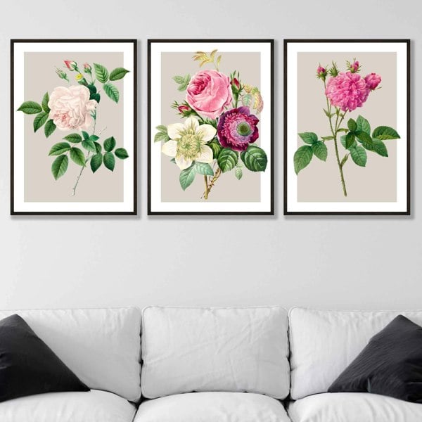 Artze Wall Art Vintage Pink and White Roses Set of 3 Framed Prints