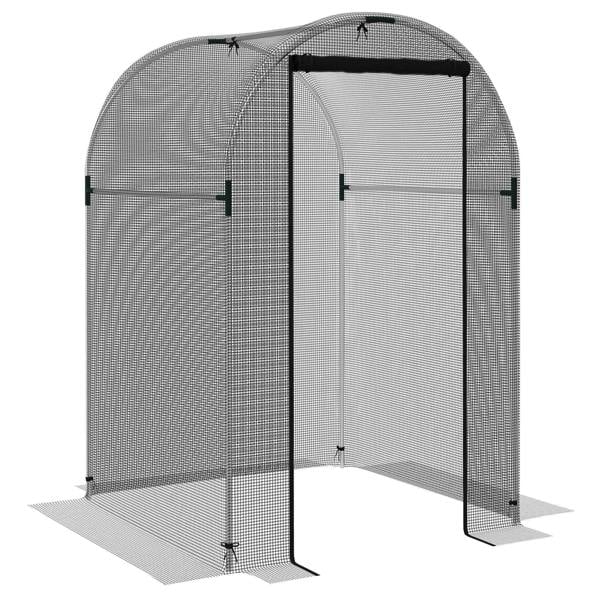 Black-framed plant protection cage tent with zipped front door and mesh walls