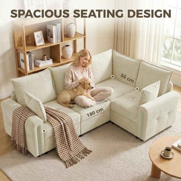 228cm L Shaped Sofa with Lift-Up Storage, 3-Seater Sectional Sofa with Wide Deep Seat, Beige