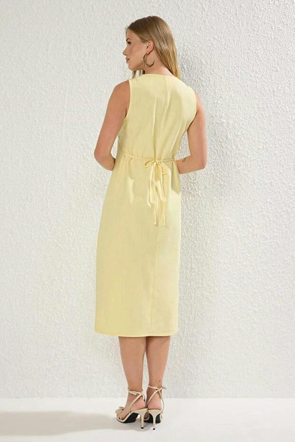 Belted Linen Blend V Neck Midi Shirt Dress
