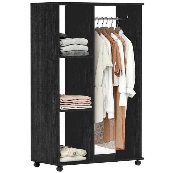Black mobile wardrobe with open shelves and hanging rail, front view with folded and hanging clothes