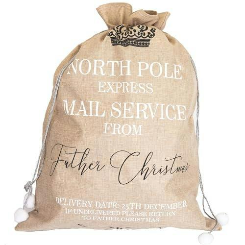 6cm Beige Hessian Christmas Sack with North Pole Express Print and Drawstring Closure image 4