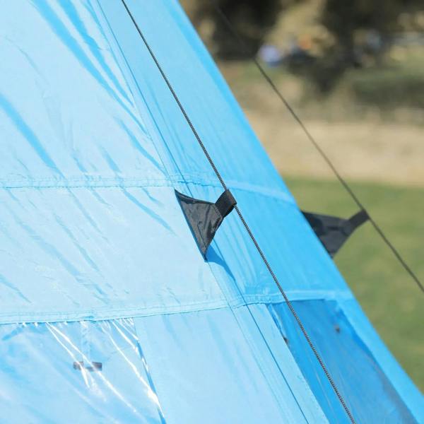 Blue tipi tent wall with rope stitching and small side opening window
